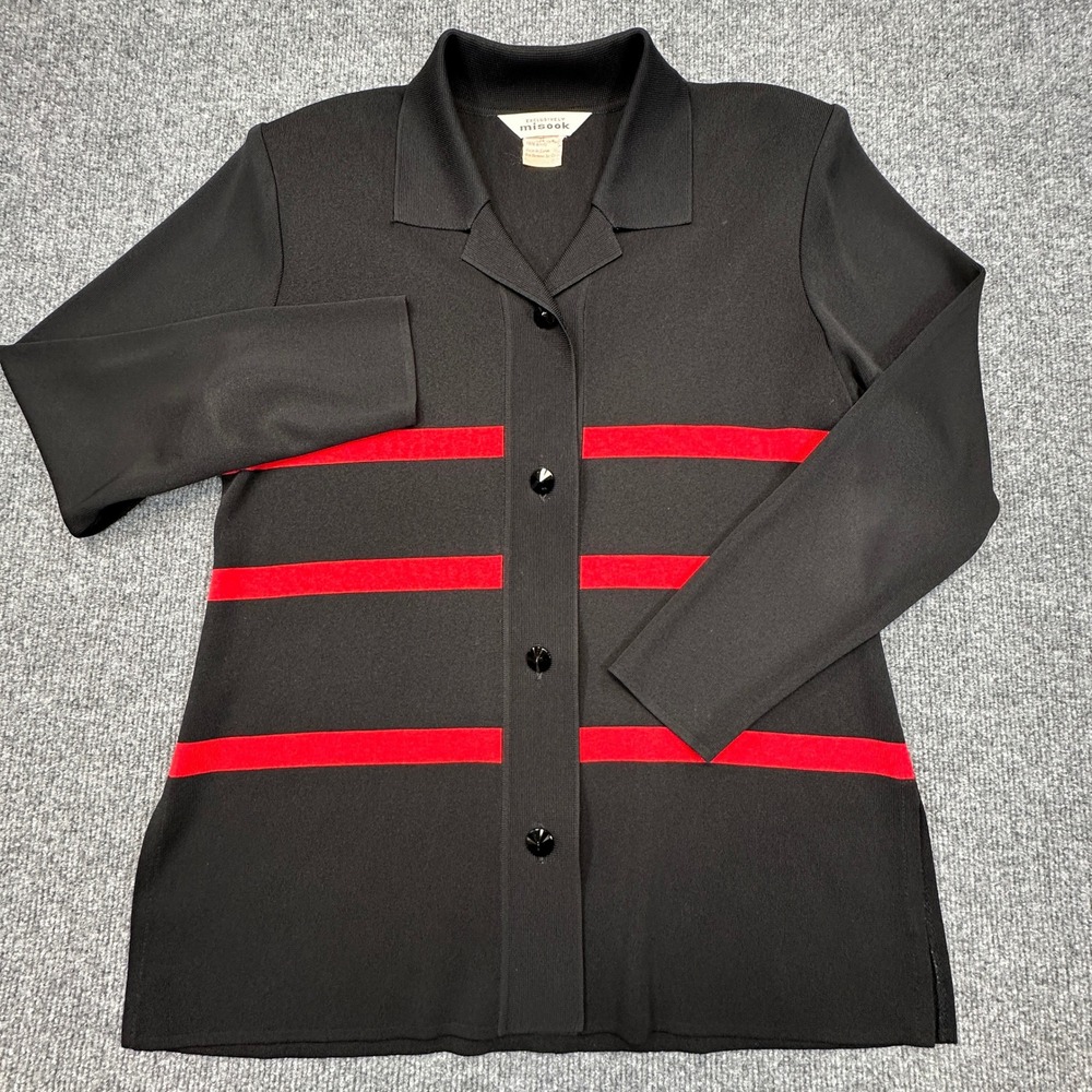 Misook Knit Cardigan Jacket Women Medium Black Red Striped Collared Shoulder Pad
